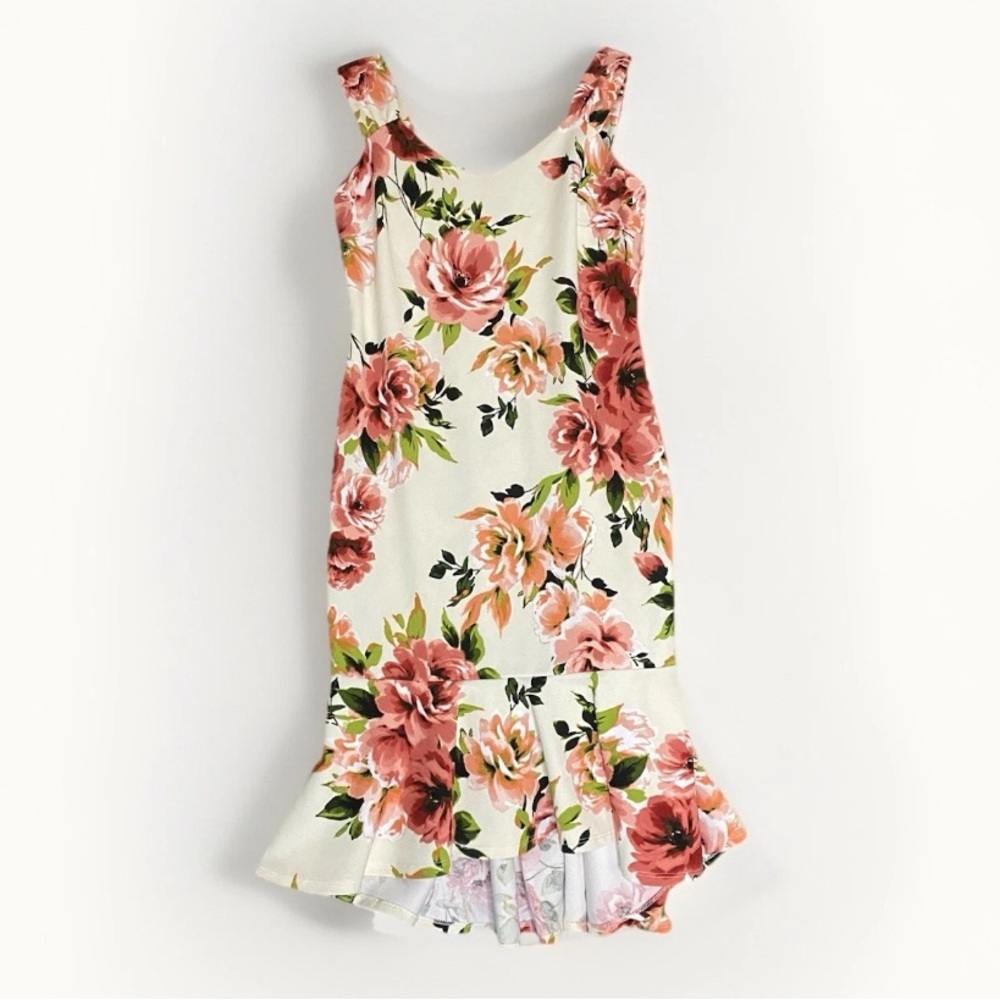Suzy Shier Form Fitting Flare‎ Flounce Floral Midi Dress Rose Pattern Size M
